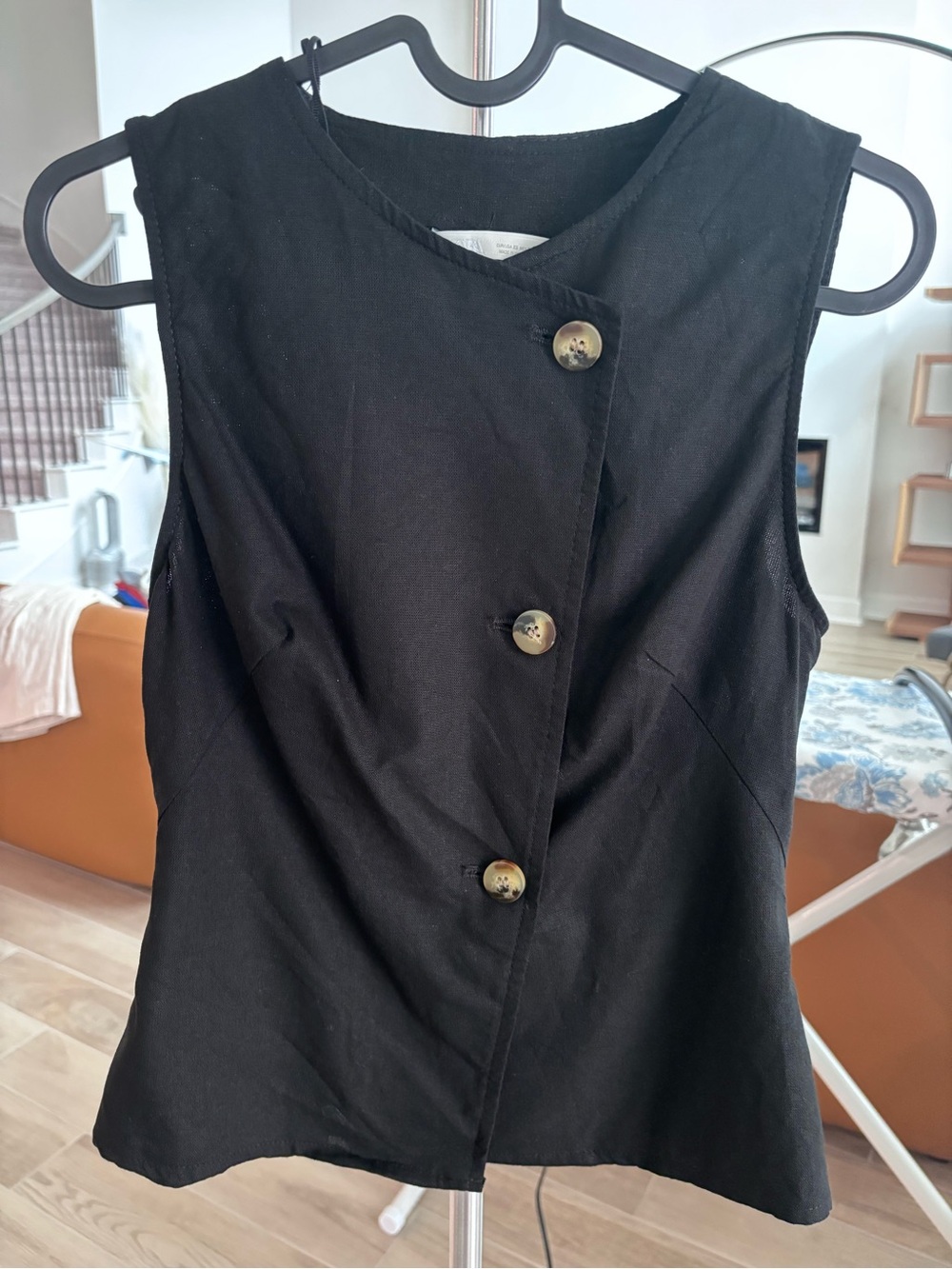 Zara Black Asymmetrical Button-Front Sleeveless Top